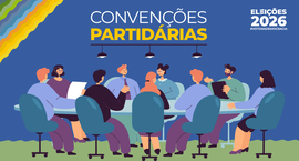 Banner ilustrativo mostra um grupo diversificado de seis pessoas sentadas ao redor de uma mesa d...