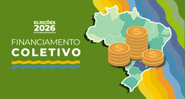 Banner verde com desenho do mapa do Brasil e de pilhas de moedas sobre Financiamento Coletivo, n...
