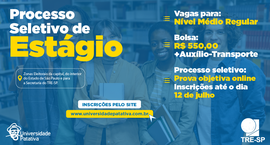 Banner informativo com formato retangular horizontal. O fundo é majoritariamente azul com gradie...