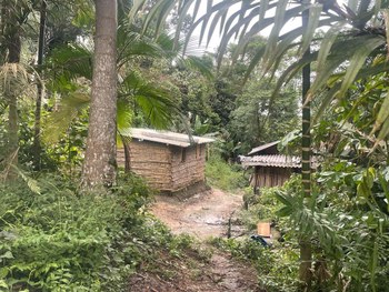 O cacique da aldeia Itapoã, Marcilio da Silva, toca uma música sagrada em frente à casa de reza,...