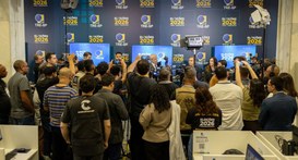 Sala de Imprensa do TRE-SP nas Eleições 2026, durante coletiva de imprensa do desembargador Enci...