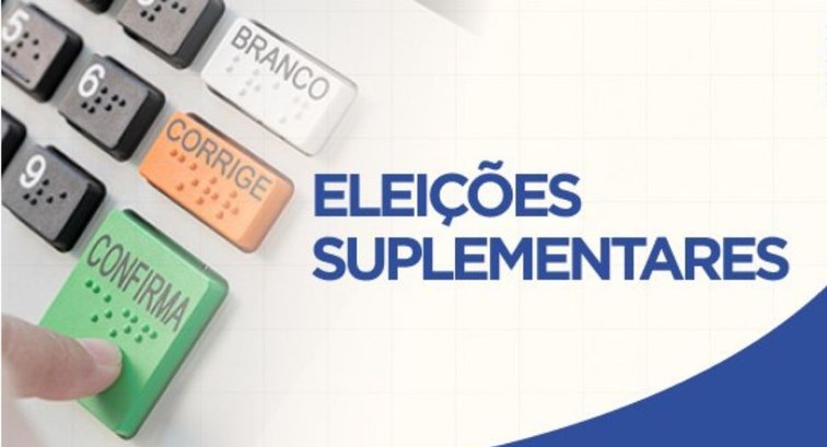 Logo com nome "Eleições Suplementares" e imagem de dedo em direção aos painel numérico da urna e...