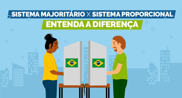 Banner digital ilustrado com fundo azul-claro, focado no tema do sistema eleitoral brasileiro. O...