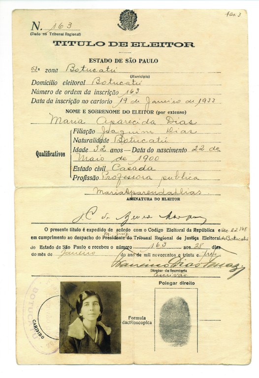 Título eleitoral de Maria Aparecida Dias emitido em 1933