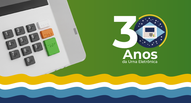 Banner com logo da série "30 anos da urna eletrônica" e imagem do teclado da urna eletrônica