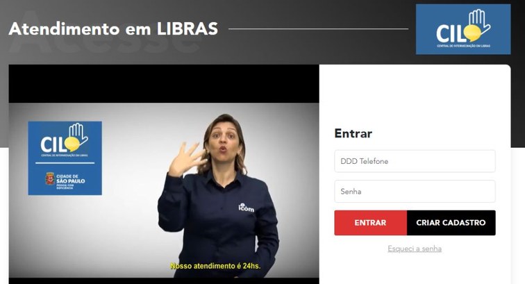 Captura de tela da página de login da Central de Intermediação em Libras (CIL). À esquerda, há u...