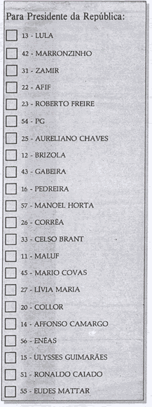 Cédula eleitoral de 1989 – Eleição presidencial (1º turno).