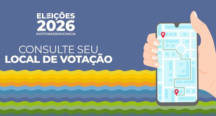Ilustração com fundo azul e ondas coloridas na base, exibindo o texto "Eleições 2026", a hashtag...