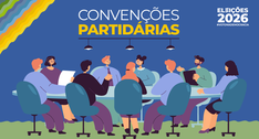 Banner ilustrativo mostra um grupo diversificado de seis pessoas sentadas ao redor de uma mesa d...