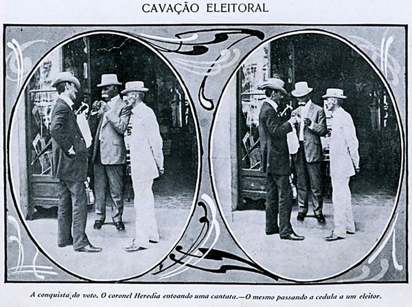 Fotos publicadas em 1909 pela revista Careta mostram um coronel entregando uma cédula eleitoral a um votante. Imagem: Biblioteca Nacional Digital