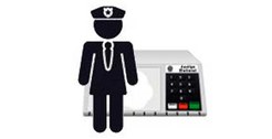 Imagem de figura policial à frente, a Urna Eletrônica atrás e fundo branco.