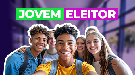 Banner "Jovem Eleitor" com um grupo de estudantes diversos e sorridentes tirando uma selfie em u...