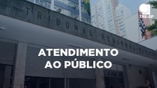 Fachada do TRE-SP e texto: atendimento ao público