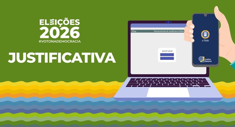 Ilustração das Eleições 2026 com a palavra "JUSTIFICATIVA", um computador e um celular exibindo ...