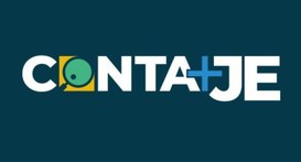 Logotipo "CONTA+JE" em letras brancas sobre fundo azul-escuro. A letra "O" é formada por uma lup...