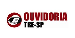 Logo nas cores preto e vermelho com uma urna estilizada e as palvras Ouvidoria e TRE-SP