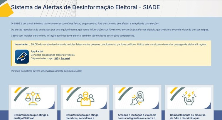Captura da página do Sistema de Alertas de Desinformação Eleitoral (Siade)
