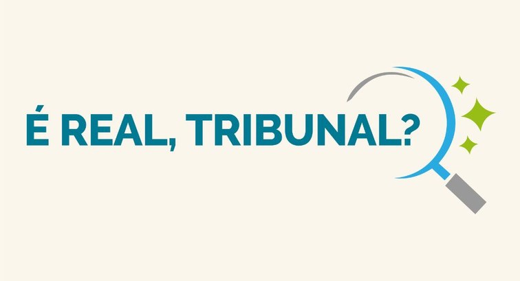 Logotipo com a frase em maiúsculas "É REAL, TRIBUNAL?" na cor azul. O ponto de interrogação é en...