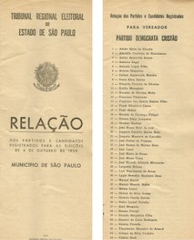 Relação dos candidatos do PDC registrados para as eleições de 4 de outubro de 1959; fonte: Centr...