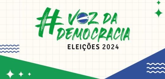 Banner com o logo Eleições 2024 Logomarca Eleições 2024 sobre fundo claro com detalhes em verde e azul.