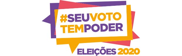 Marca das Eleições 2020, imagem nas cores roxo, laranja e rosa, com a hashtag #seuvototempoder