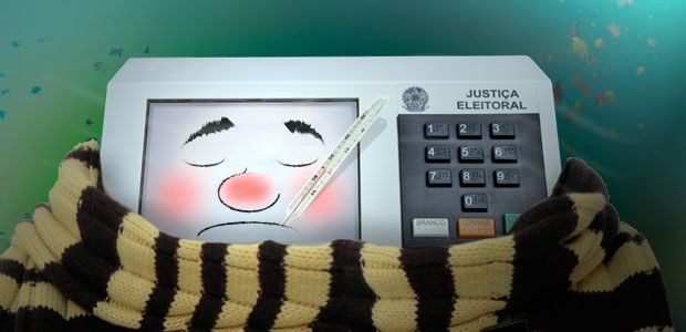 TRE-SP - Imagem - Urna doente Imagem de uma urna eletrônica, com rosto e termômetro na boca, com cara de doente.