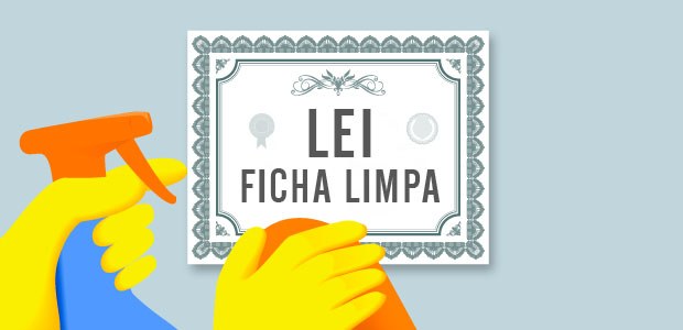 Imagem em desenho de uma mão com luvas limpando uma "ficha" com as palavras "lei da ficha limpa"