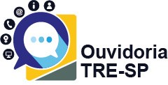 Ícone da Ouvidoria, que é um balão de diálogo na cor azul sobre a logo do TRE-SP. Ao lado direit...
