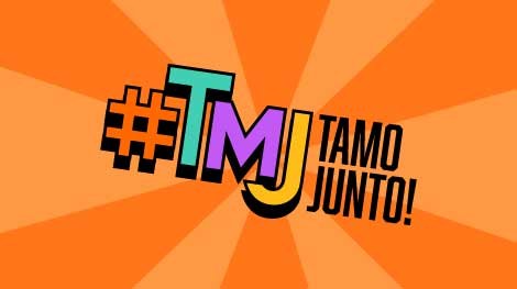Imagem com fundo laranja e a marca da campanha Tamo Junto com a hashtag TMJ