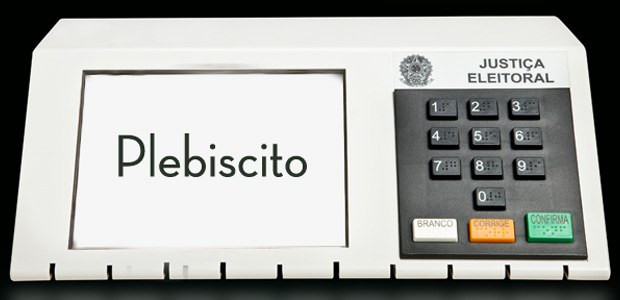 Imagem contendo uma urna eletrônica com a frase "plebiscito" na tela