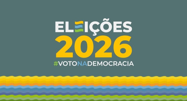 Banner gráfico com o texto "ELEIÇÕES 2026" e a hashtag "#VOTONADEMOCRACIA" centralizados sobre f...