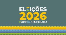 Banner gráfico com o texto "ELEIÇÕES 2026" e a hashtag "#VOTONADEMOCRACIA" centralizados sobre f...